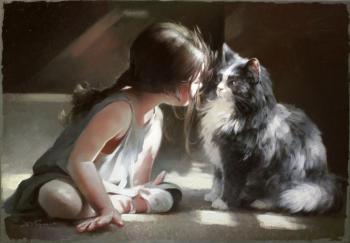 Girl with cat, playing