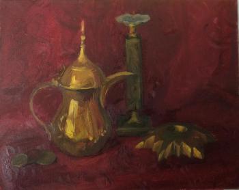 Still life with teapot and candle holder (Metal Teapot). Budaeva Darima