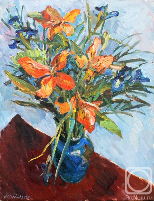 Zhukova Juliya. Red lilies in a blue vase