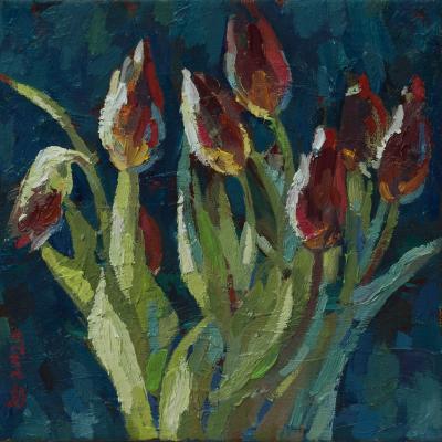 Tulips on blue