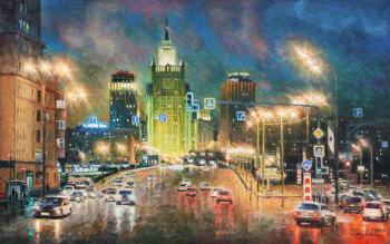 Lights of Moscow at night. Foreign Ministry (Smolenskaya Street). Razzhivin Igor