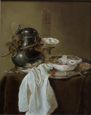 Still life with pewter mug and two bowls