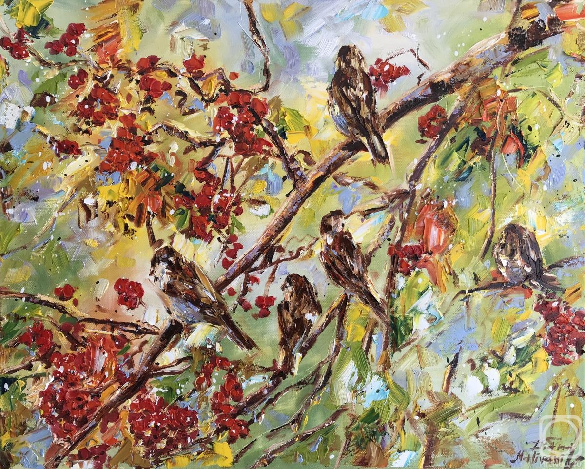 Malivani Diana. Sparrows in the Rowan-Tree