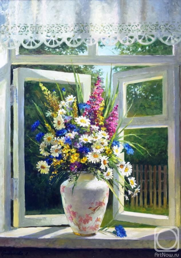 Grokhotova Svetlana. Bouquet of daisies on the window