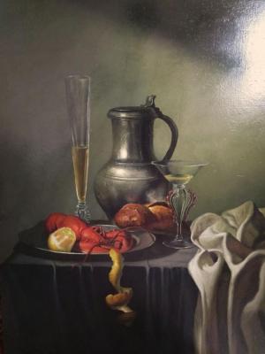 Still life with lobster and wine