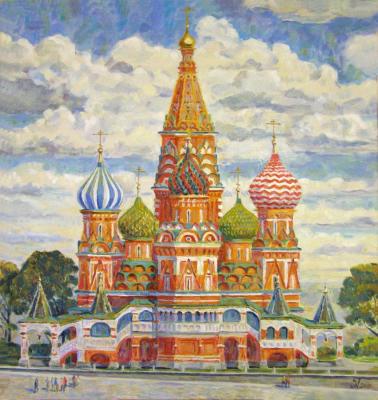 A group of foreign tourists on Vasilevsky descent. 1 variation on the theme of the quadriptych "Pokrovsky Cathedral"