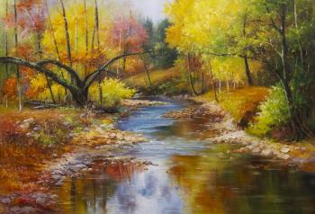 Stream in the forest. Landscape in autumn colors. Romm Alexandr
