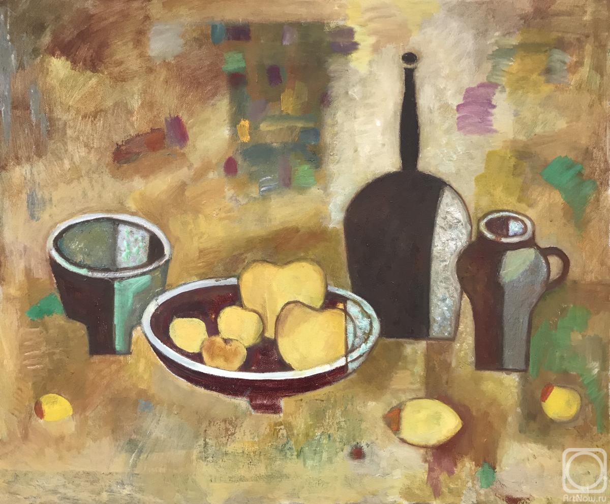Bykov Sergey. Bottle, mug and fruits
