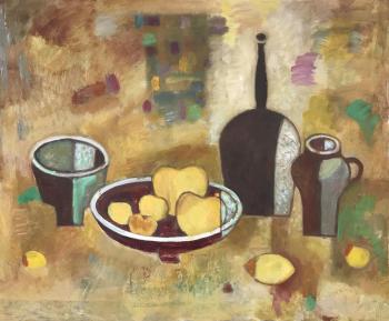 Bottle, mug and fruits. Bykov Sergey