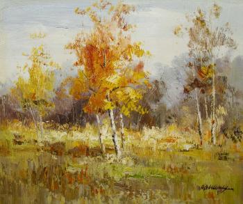 Birch trees with yellow carvings glisten in blue azure ... N2 (Oil Painting With Autumn Trees). Sharabarin Andrey