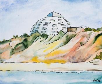 Ashkelon, view of the Arlington Hotel and the tomb of Sheikh Auad from the sea. Goldstein Tatyana