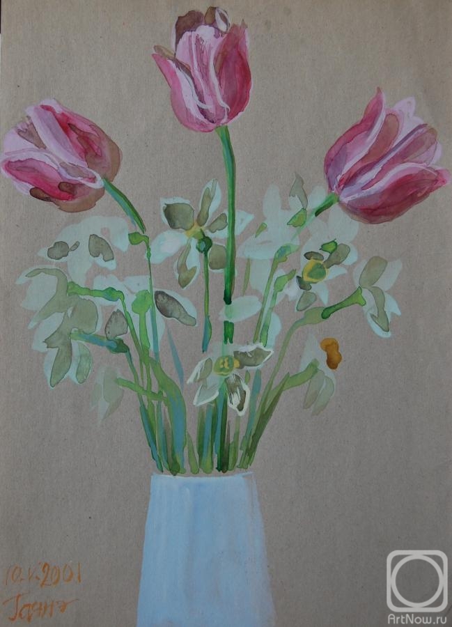 Dobrovolskaya Gayane. Daffodils and tulips in a white vase