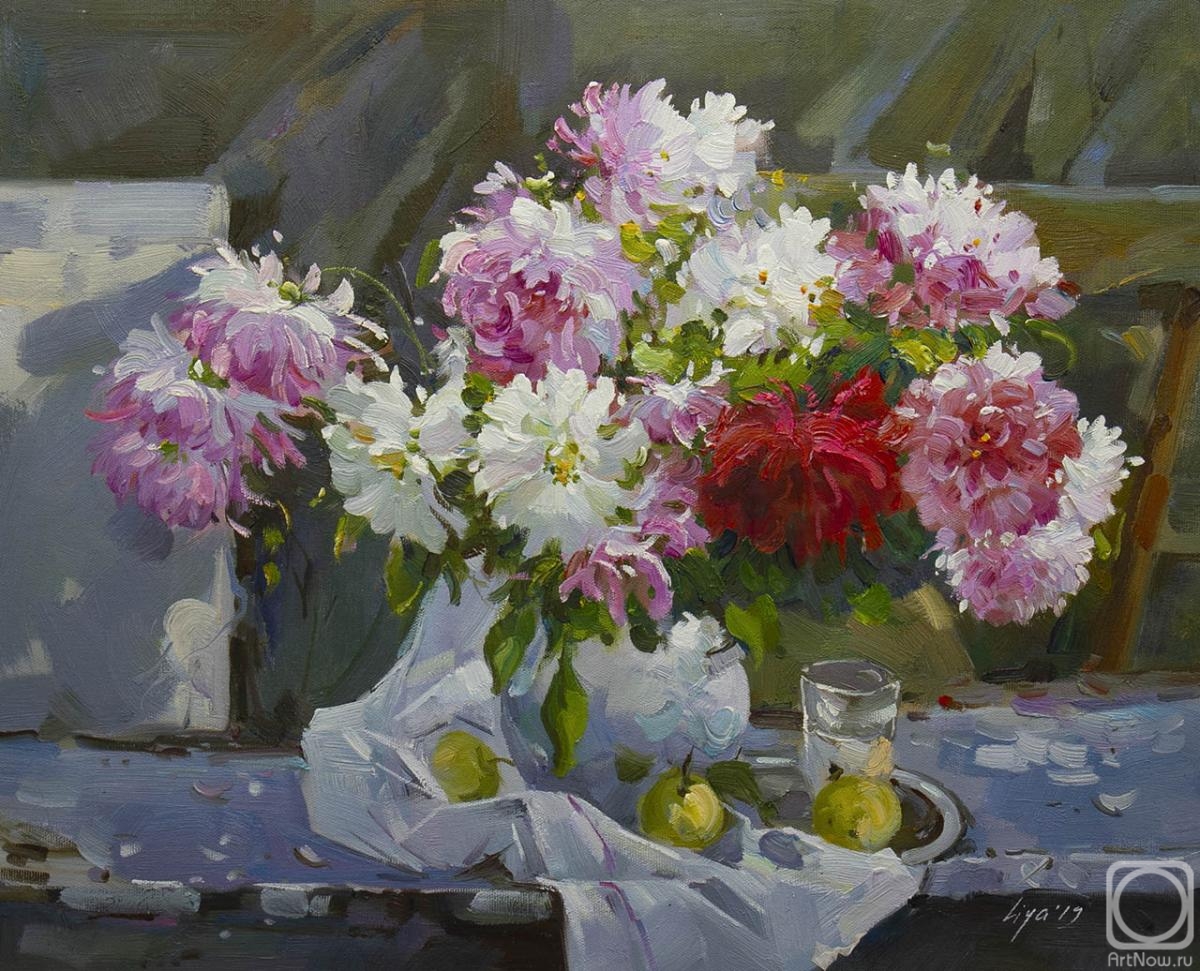 Gomes Liya. Still life with peonies, pear and apples
