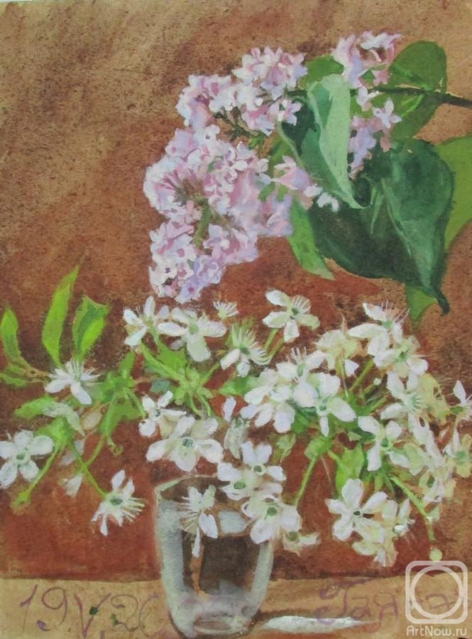 Dobrovolskaya Gayane. A bunch of lilacs and cherry flowers in a glass