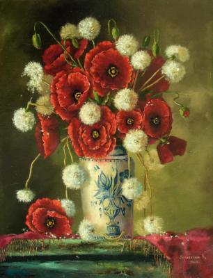 Large poppies with dandelions