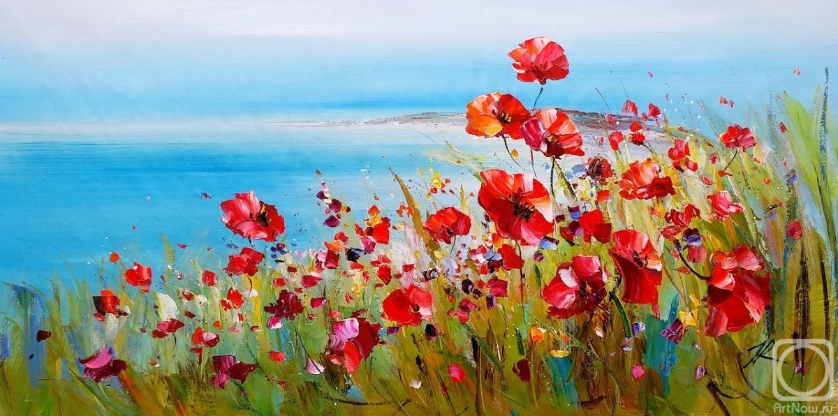 Rodries Jose. Poppies and the sea. Scarlet and turquoise