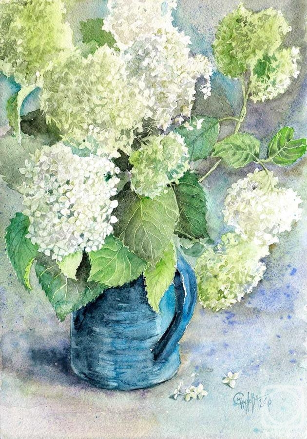 Sukhova Natalya. Hydrangea white. Bouquet in a blue vase