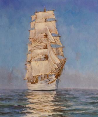White sails in the blue sea (Sailing Ship In The Sea Painting). Lagno Daria