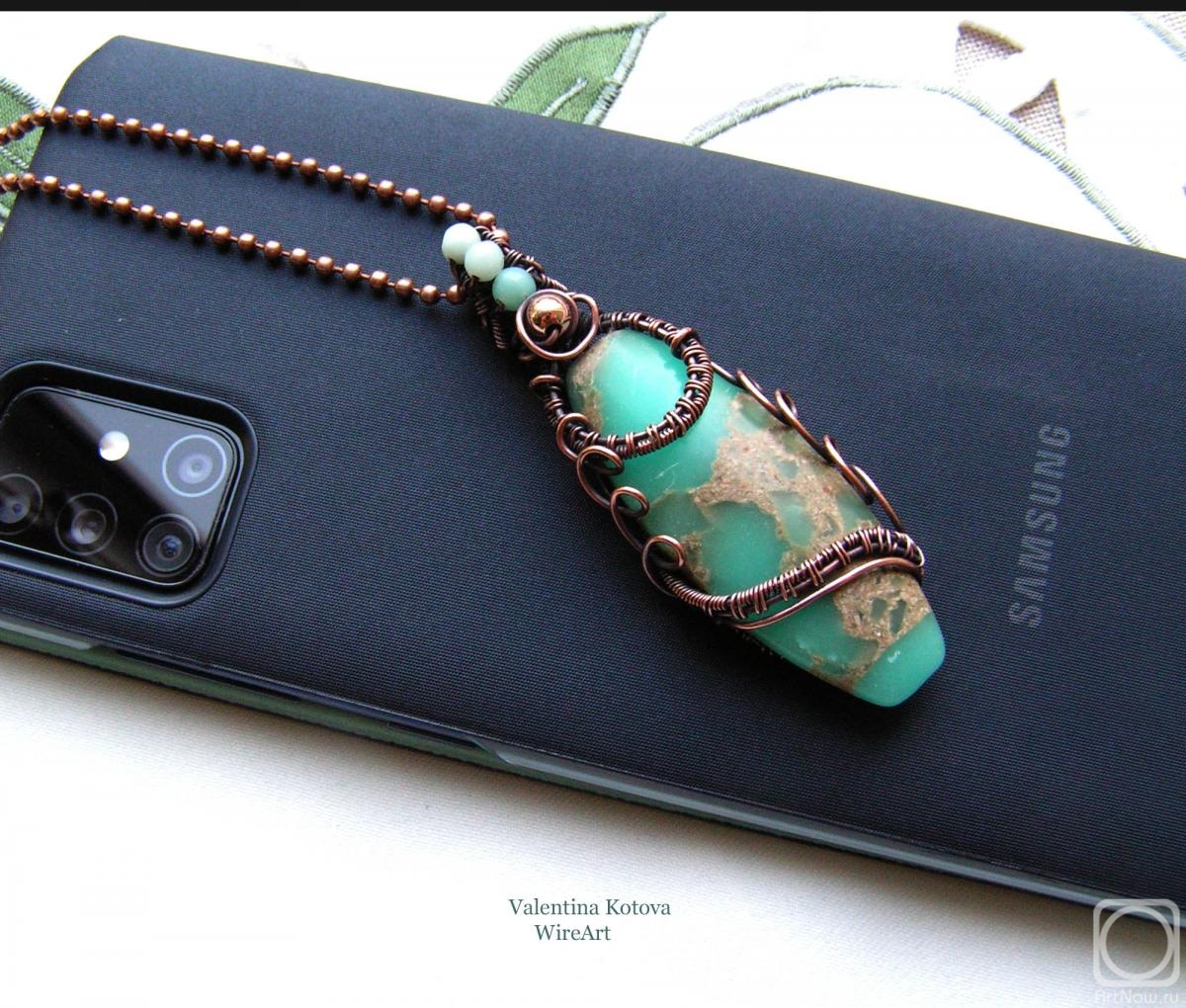 Kotova Valentina. Copper pendant with sea sediment Jasper