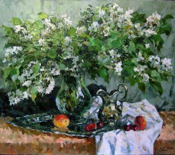 The bouquet of bird cherry flowers