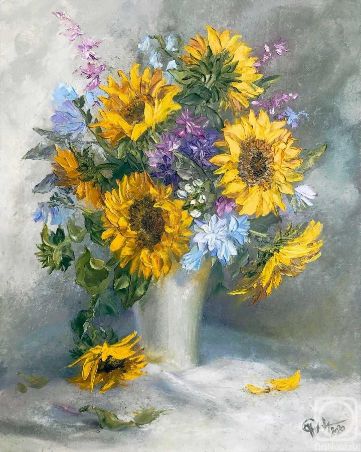 Sukhova Natalya. Bouquet of sunflowers in a white vase