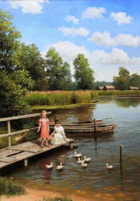 Summer on the lake (Boats On The Lake Painting). Grokhotova Svetlana