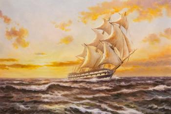 Sailboat. Meeting the dawn (Sailing Ship In The Sea Painting). Lagno Daria