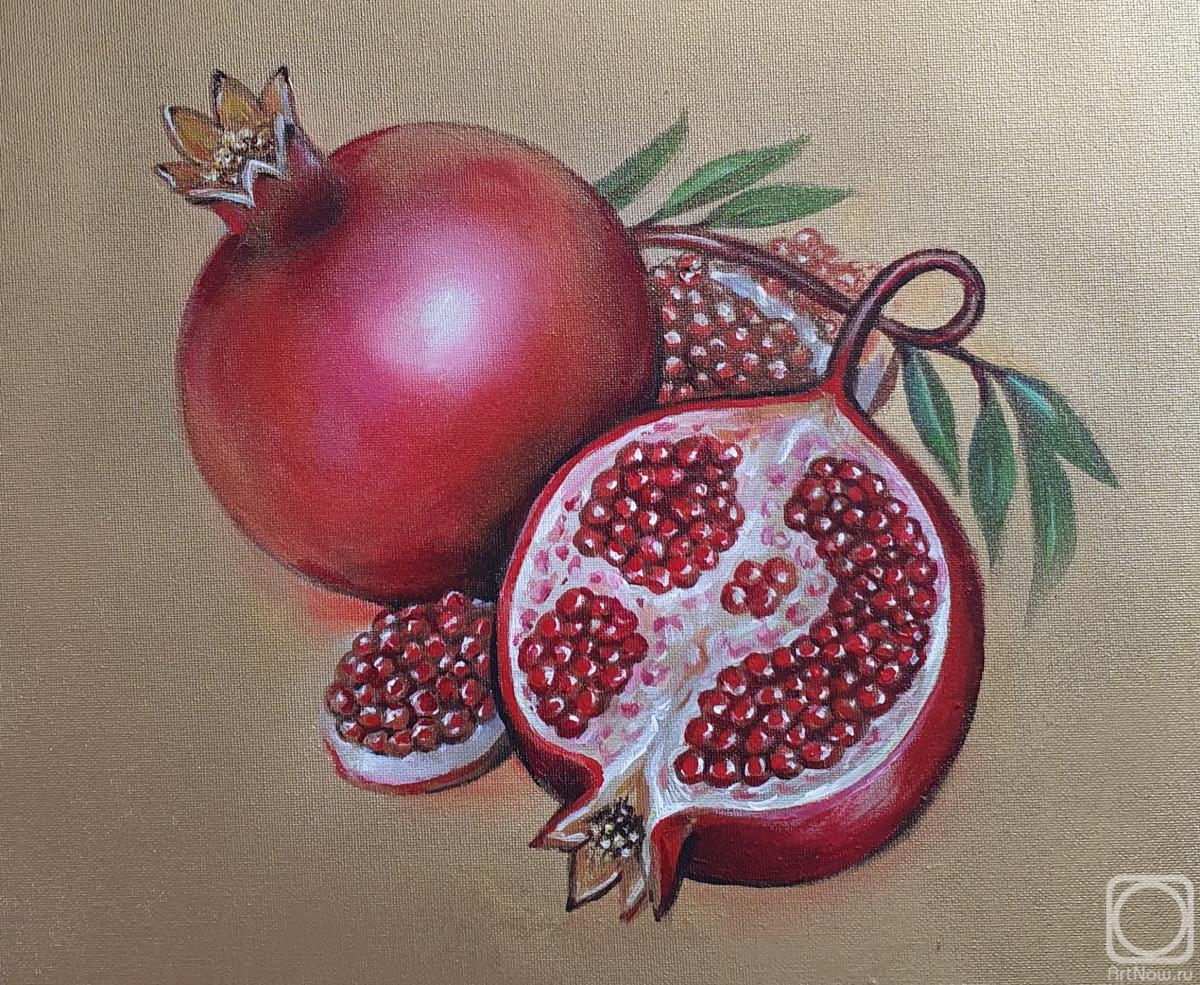 Sokolova Lyudmila. Ripe pomegranate on a gold background