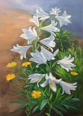 Flowerbed with white lilies