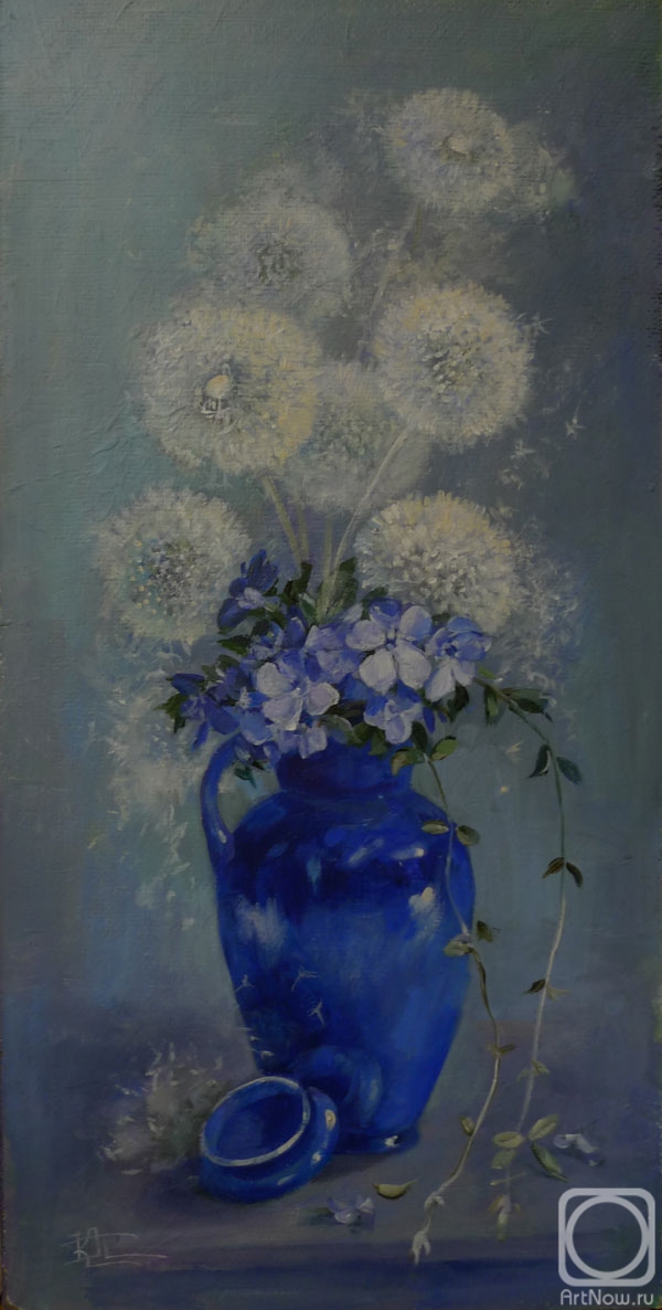 Panina Kira. Dandelions in a blue jug