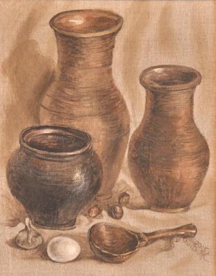 Still life with pots and chicken egg