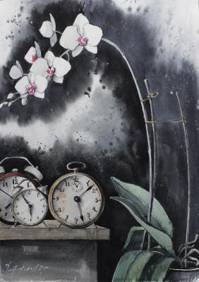 Orchid and clocks. Petrovskaya Irina