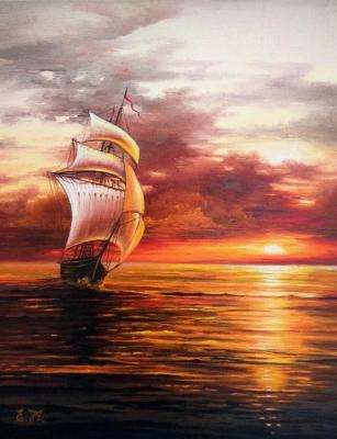 Fiery sunset (Buy Sea Landscape Sailing Boat). Korableva Elena
