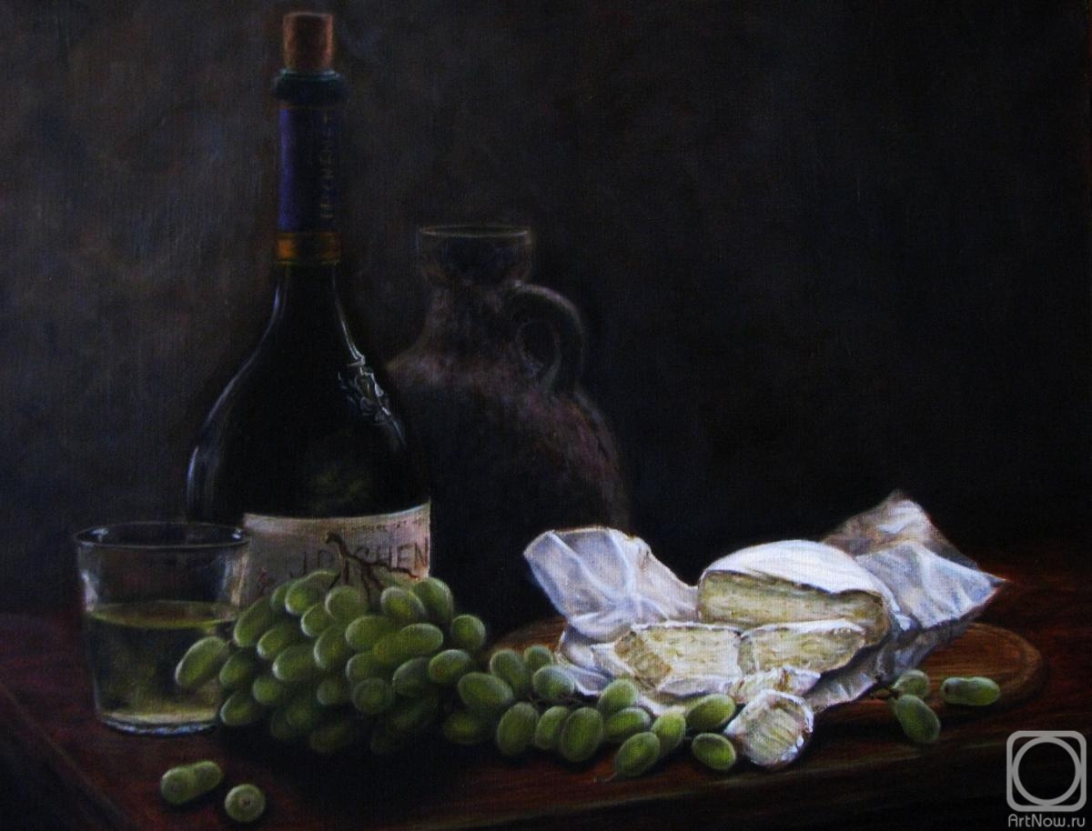 Fomina Lyudmila. Still life with cheese and green grapes