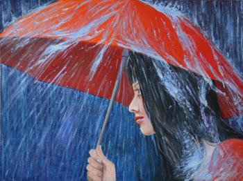 Red umbrella. Rain. 1