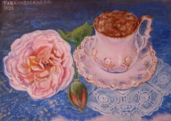 Pink porcelain and coffee with foam. Kudryashov Galina