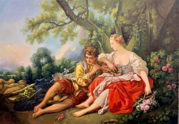 Copy of the painting by Francois Boucher. Shepherd playing the pipe to the shepherdess