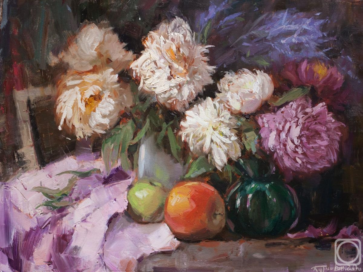 Burtsev Evgeny. Still life with peonies and apples