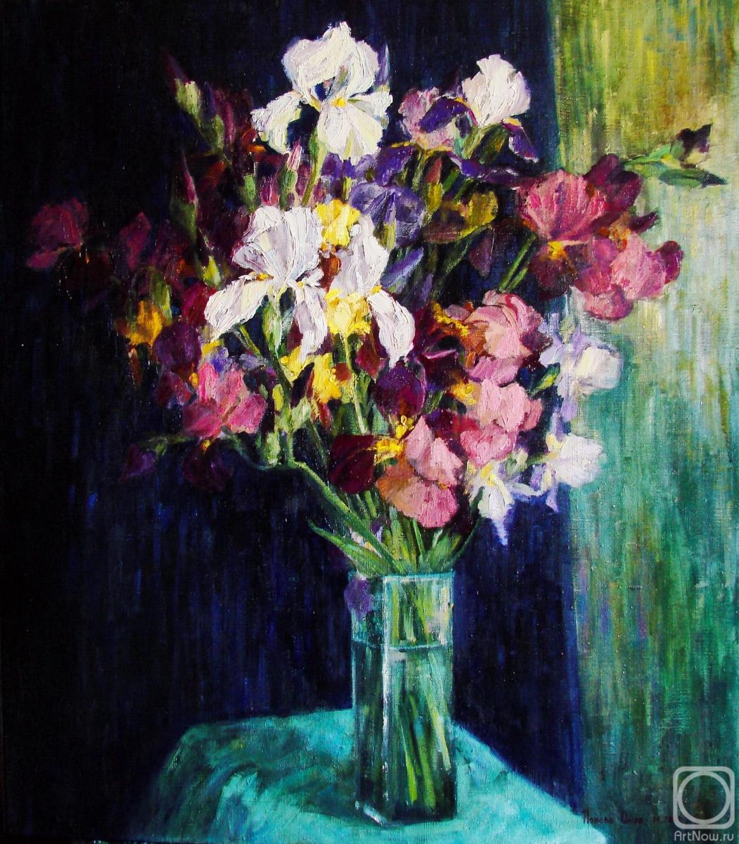 Sedyh Olga. Irises on a blue background