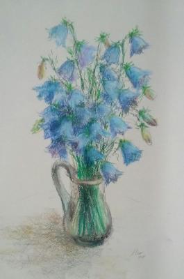 Bluebells flowers. Original pastel drawing. Klyan Elena
