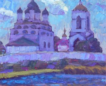 Berdyshev Igor Zagrievich. Sunny day, bell tower, temple, river, clouds float