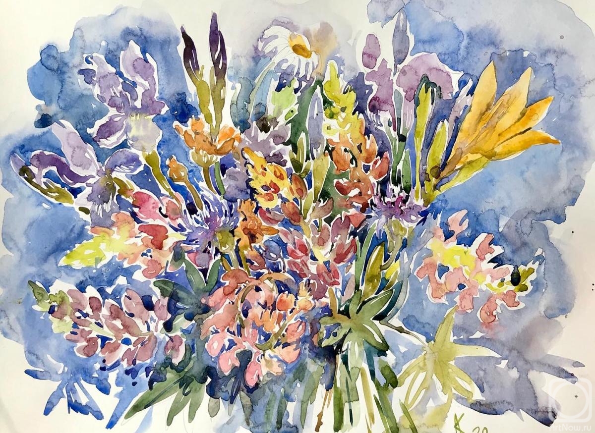 Kurnosenko Antonina. Bouquet with lupines on blue