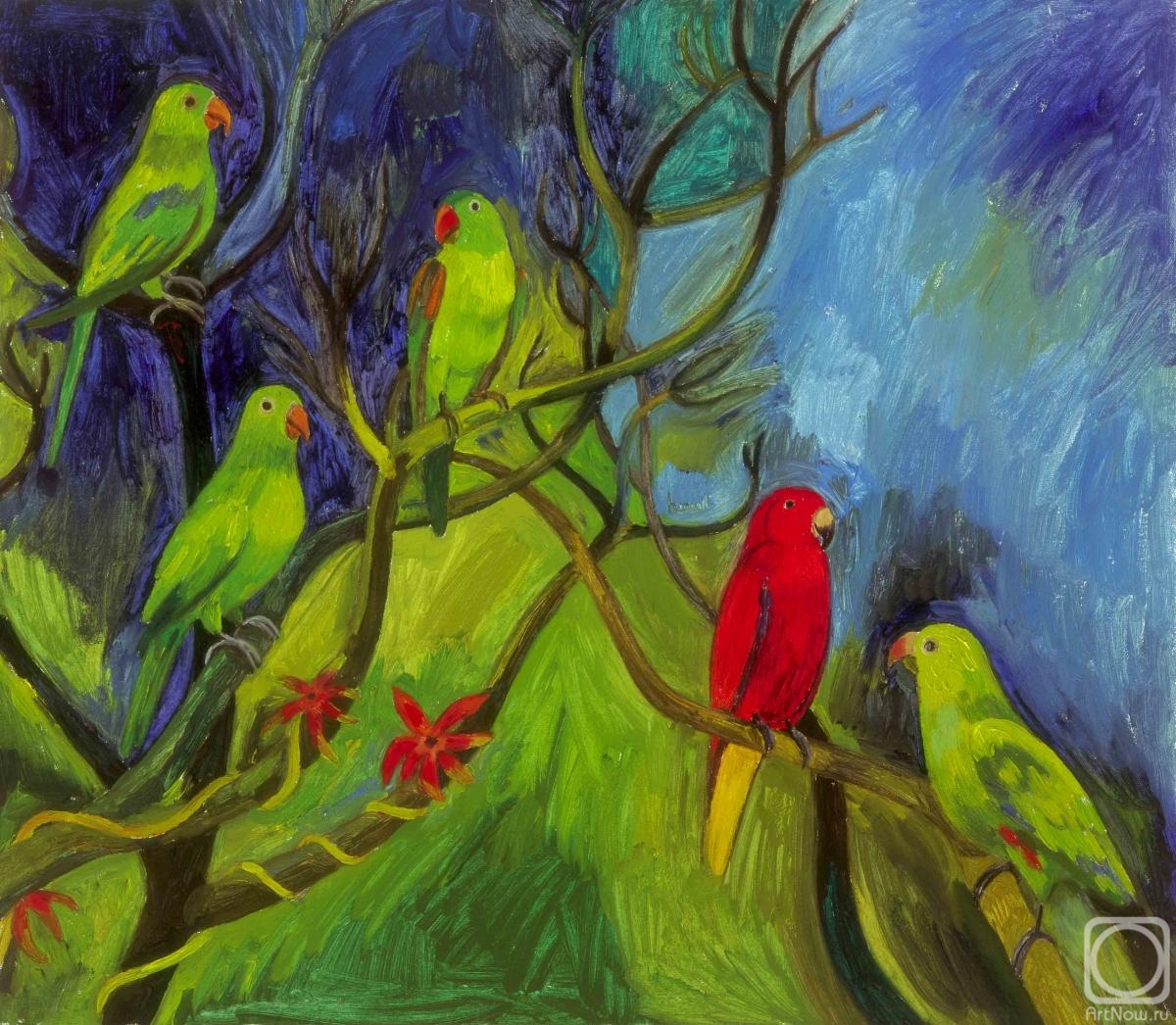 Minko Svetlana. Green-red parrots