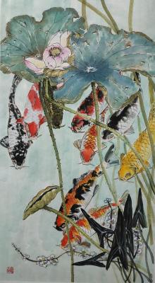 Koi carp with lotuses