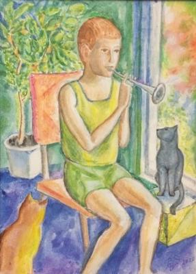 Boy with a pipe and listeners (Boy With A Cat). Chernov Vladimir