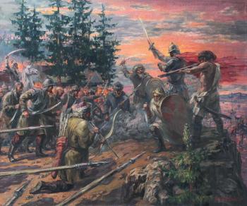 The decisive battle of chieftain Yermak in Siberia (Russian Figure Painting Realism). Lyssenko Andrey