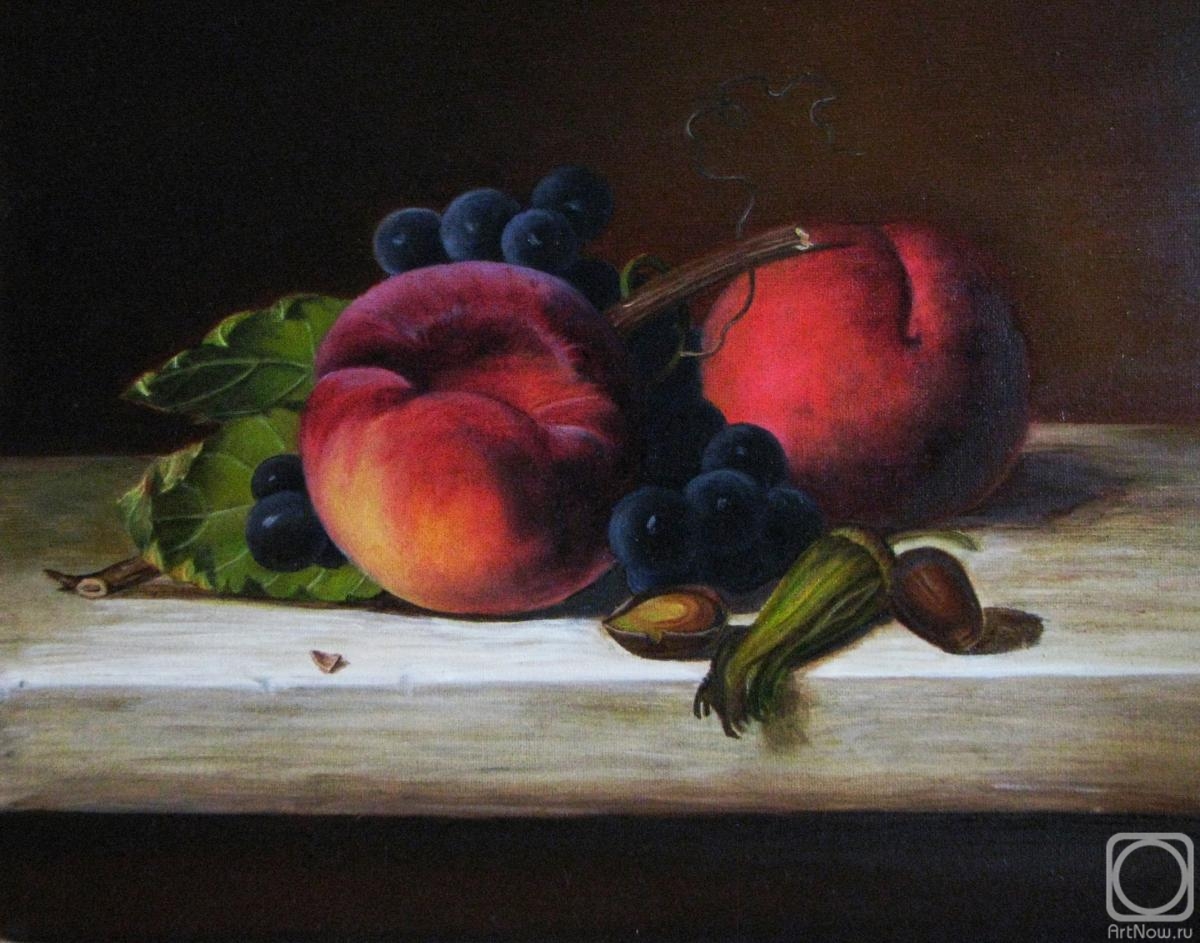 Fomina Lyudmila. Still life with peach, grapes. Freestyle copy of Emily Preyer