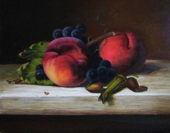 Still life with peach, grapes. Freestyle copy of Emily Preyer
