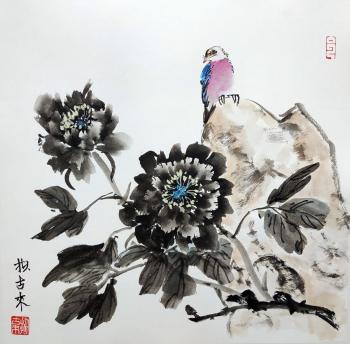 Peonies in ink and bird on stone