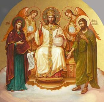 Savior on the throne with the Mother of God, St. John the Forerunner, and the Angels standing before Him